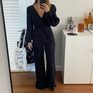 Alexis Navy Silk Leopard Print Flared Jumpsuit